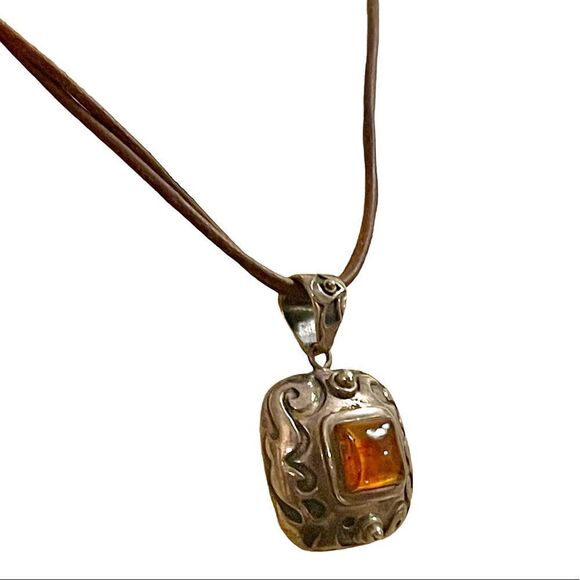 Retired Silpada Square Natural Amber Sterling Silver Slide Silpada Leather Cord - Picture 5 of 16